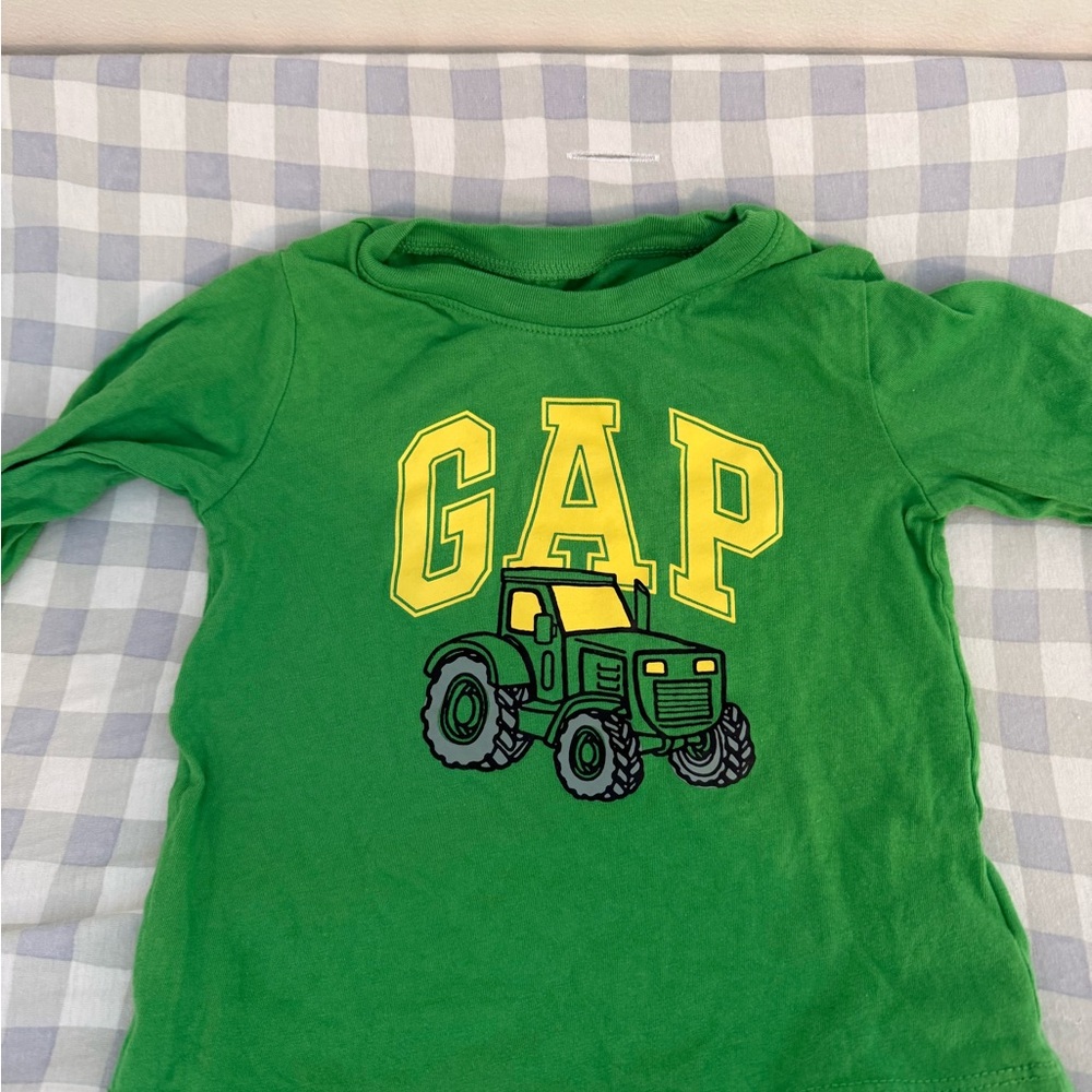 GAP Green Long-Sleeve Tee with Yellow Logo & Tractor Graphic